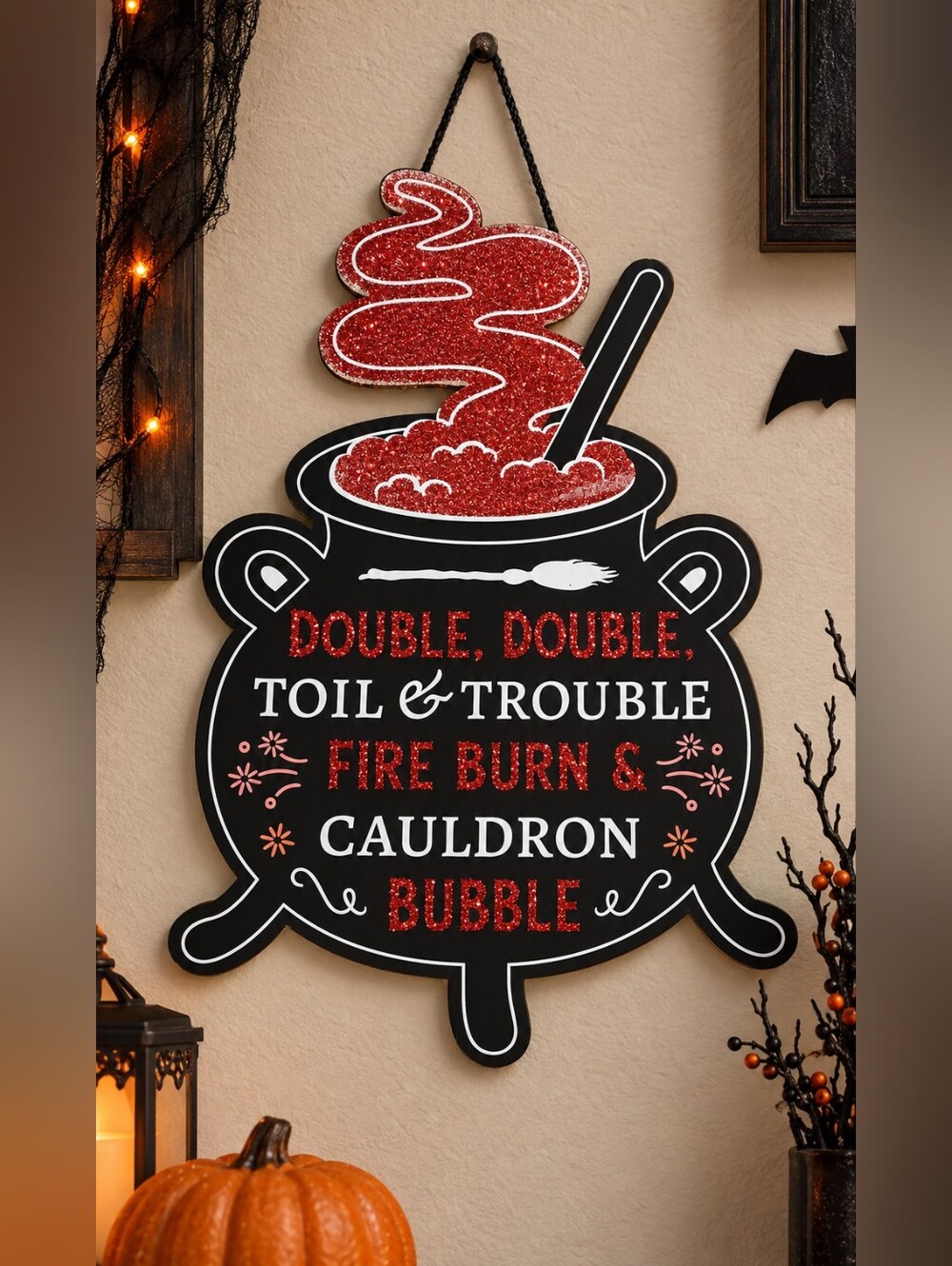 Witch Cauldron Wall Decor - Glitter Red - NWT - Double Double Toil & Trouble